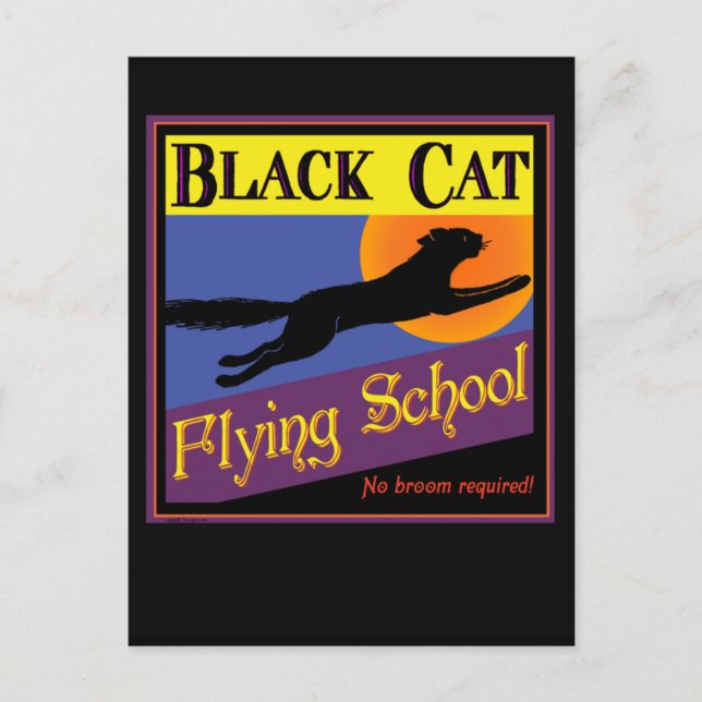 Black Cat Flying School Halloween Greeting Card (Front)