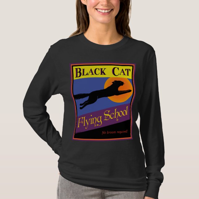 Black Cat Flying School Retro Halloween T-shirt (Front)