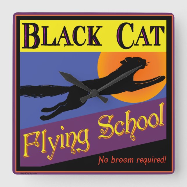 Black Cat Flying School Retro Wall Clock (Front)