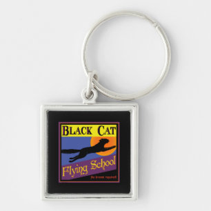 Black Cat Flying School Vintage Halloween Art Key Ring