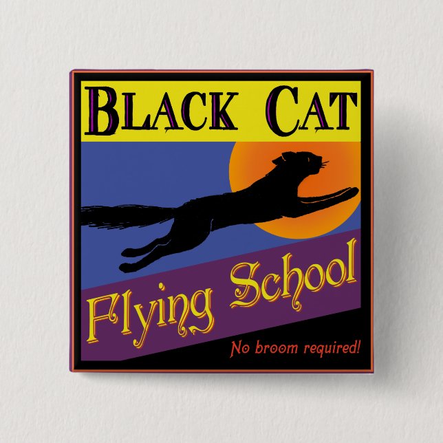 Black Cat Flying School Vintage Halloween Button (Front)