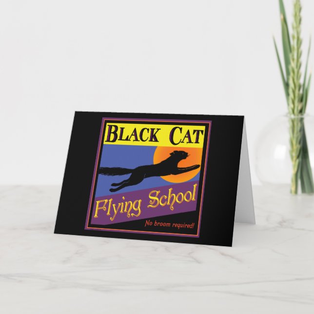 Black Cat Flying School Vintage Halloween Card (Front)