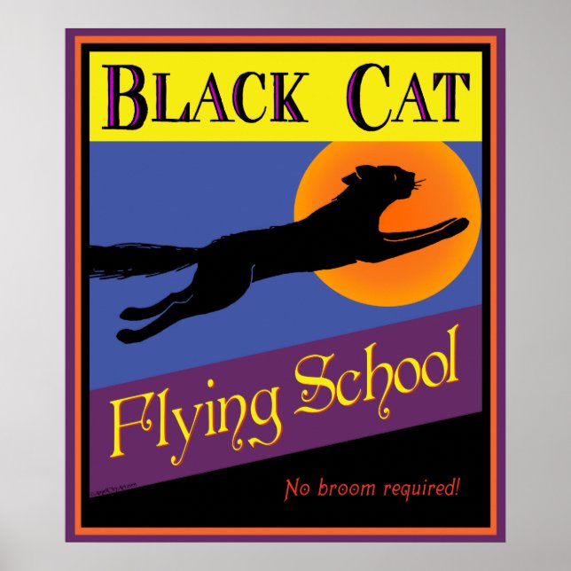 Black Cat Flying School Vintage Halloween Poster (Front)