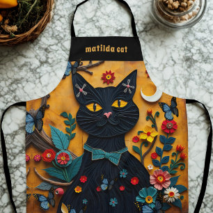 Black Cat Folk Art Colourful Floral Apron
