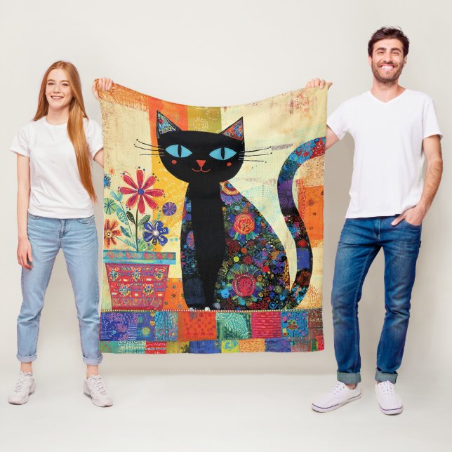 Black Cat Folk Art Fleece Blanket (In Situ)
