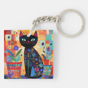 Black Cat Folk Art Key Ring
