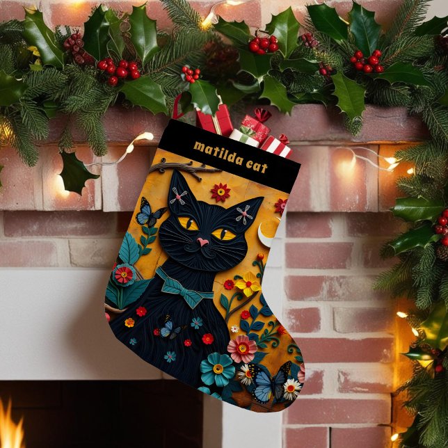 Black Cat Folk Art Pet Christmas Stocking (For your black cat that loves paper crafts. Just add their name)