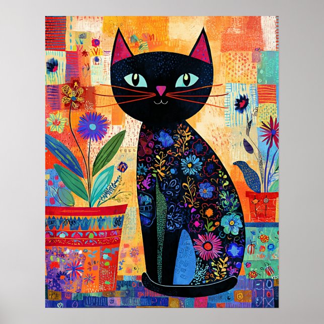 Black Cat, Folk Art Poster (Front)