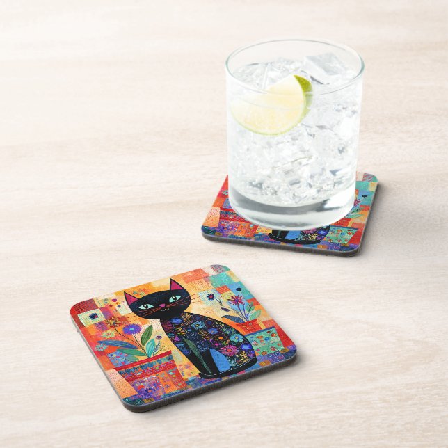 Black Cat Folk Art (Potted Plants) Coaster (Right Side)