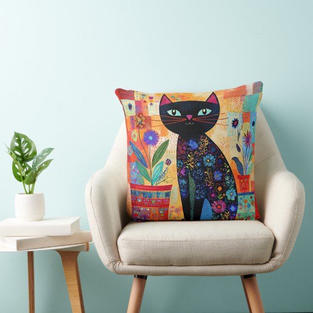 Black Cat Folk Art (Potted Plants) Cushion (Chair)
