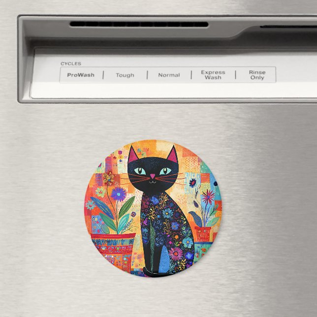 Black Cat Folk Art (Potted Plants) Magnet (In Situ (Dishwasher))