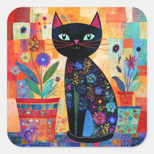 Black Cat Folk Art Square Sticker