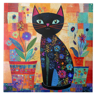 Black Cat Folk Art Tile