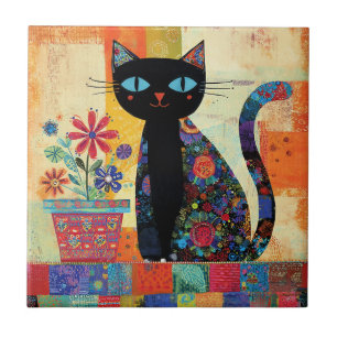 Black Cat Folk Art Tile