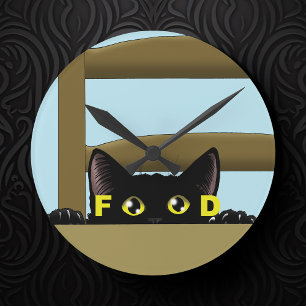 Black Cat Food Funny Round Clock