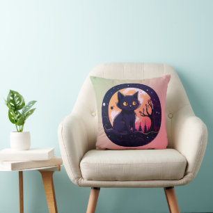 Black Cat Forest Jack-O' Lantern Pink Halloween Cushion