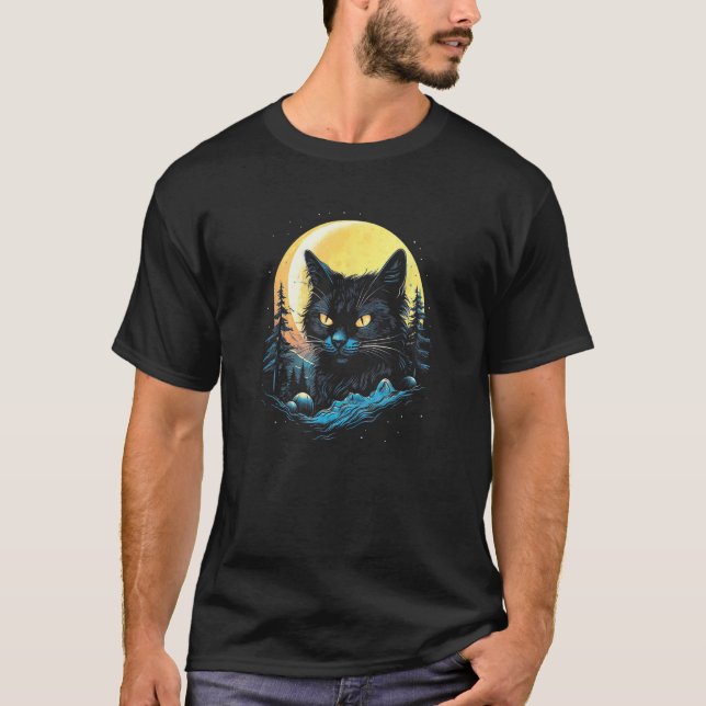Black Cat Forest Moon Mystical Black Cat T-Shirt (Front)
