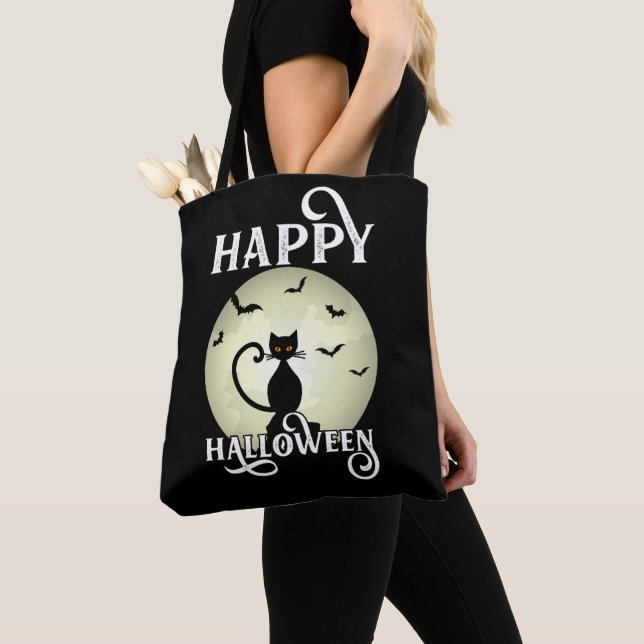 Black Cat Full Moon Bats Happy Halloween Tote Bag (Close Up)
