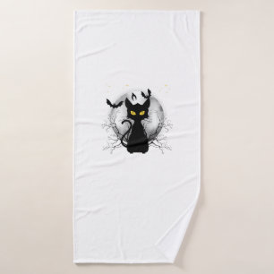 Black Cat Full Moon Bats & Starry Night Halloween Bath Towel