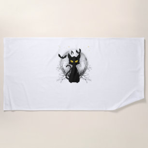 Black Cat Full Moon Bats & Starry Night Halloween Beach Towel