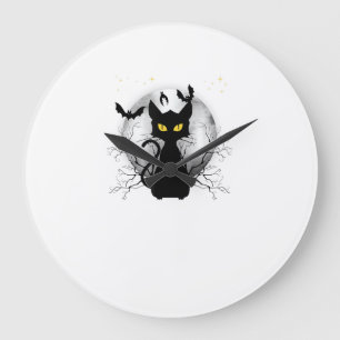 Black Cat Full Moon Bats & Starry Night Halloween  Large Clock