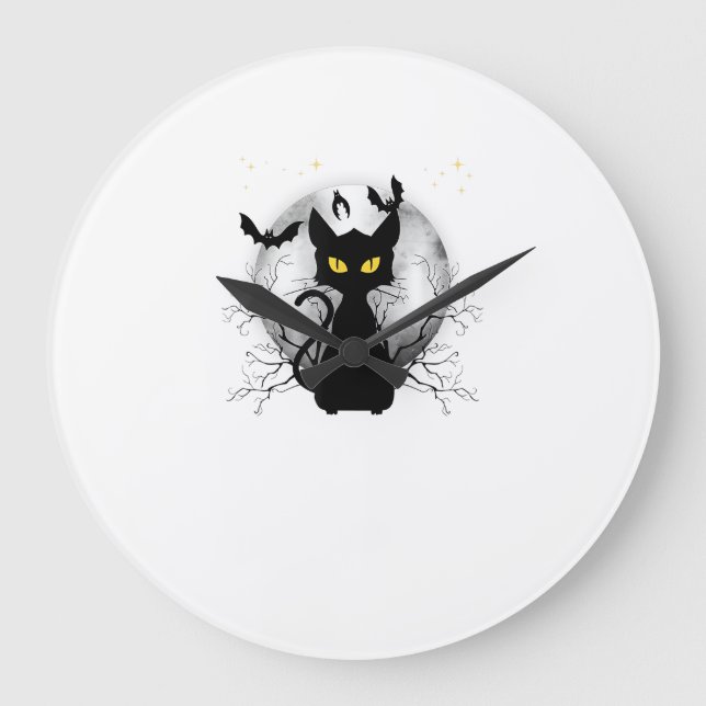 Black Cat Full Moon Bats & Starry Night Halloween  Large Clock (Front)
