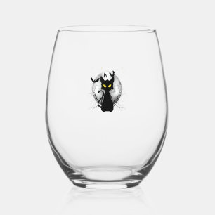 Black Cat Full Moon Bats & Starry Night Halloween  Stemless Wine Glass