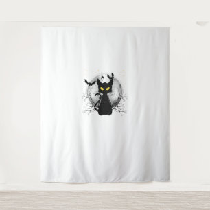 Black Cat Full Moon Bats & Starry Night Halloween Tapestry