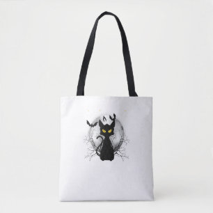 Black Cat Full Moon Bats & Starry Night Halloween Tote Bag