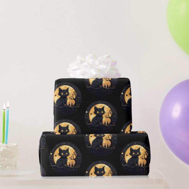 Black Cat Full Moon Celestial Black Halloween Wrapping Paper (Party Gifts)