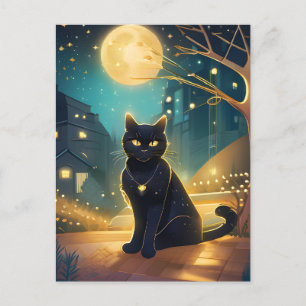 Black Cat Full Moon City Postcard