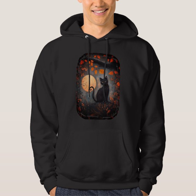 Black Cat Full Moon Fall Autumn Halloween Hoodie (Front)