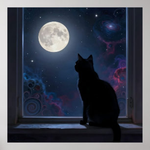 Black Cat Full Moon Galaxy Window Scene Poster
