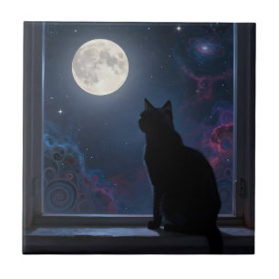 Black Cat Full Moon Galaxy Window Scene Tile