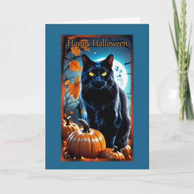 Black Cat Full Moon Halloween Card (Front)