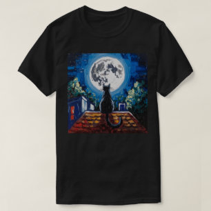 Black Cat Full Moon Night Painting T-Shirt