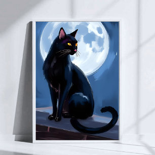 Black Cat Full Moon Pet Painting Watercolor Poster