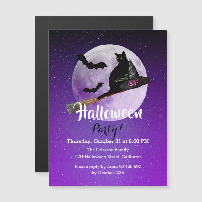 Black cat full moon purple Halloween party Magnetic Invitation (Front/Back)
