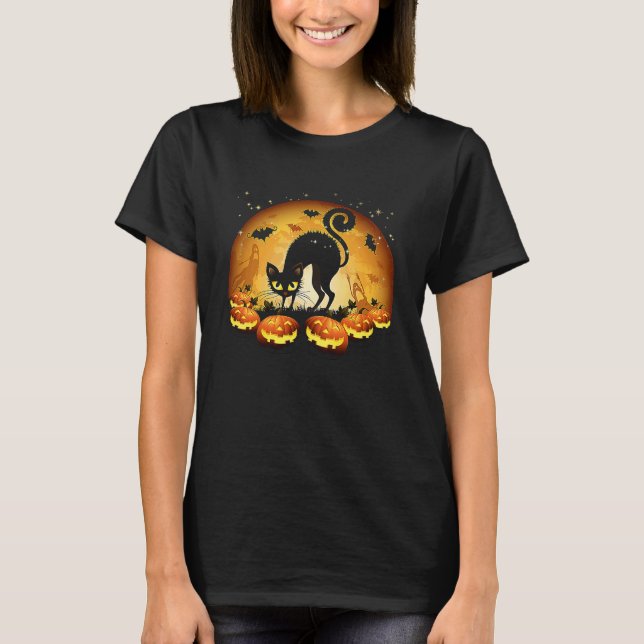 Black Cat Full Moon Scary Pumpkin Halloween T T-Shirt (Front)