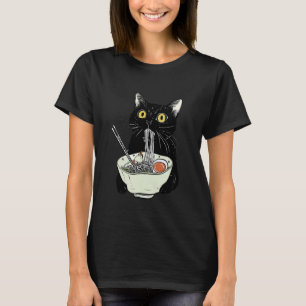 Black Cat Funny Cat Eating Ramen Vintage Japanese T-Shirt