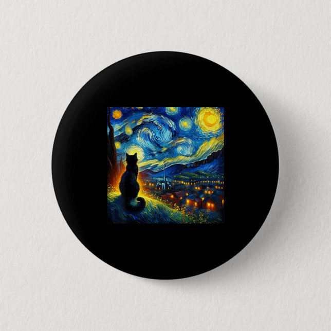 Black Cat Funny Cat Lover Mom Daddy Starry Night V 6 Cm Round Badge (Front)