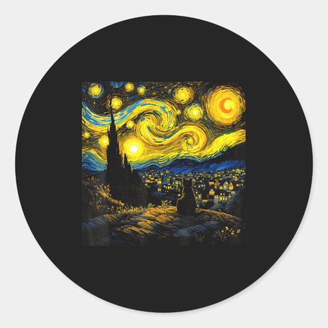 Black Cat Funny Cat Lover Mom Daddy Starry Night V Classic Round Sticker (Front)