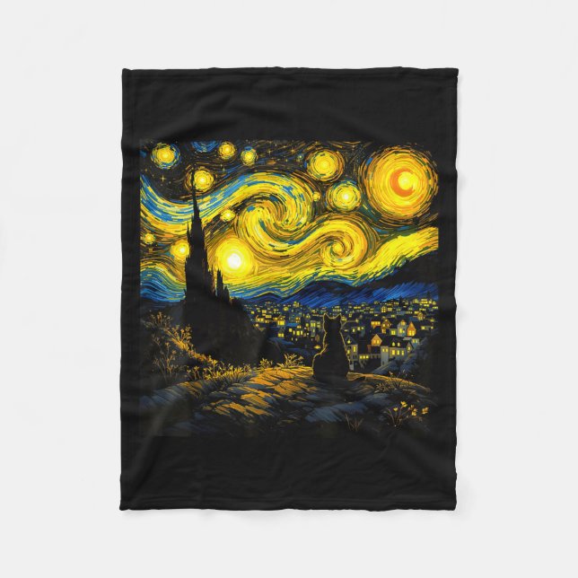 Black Cat Funny Cat Lover Mom Daddy Starry Night V Fleece Blanket (Front)