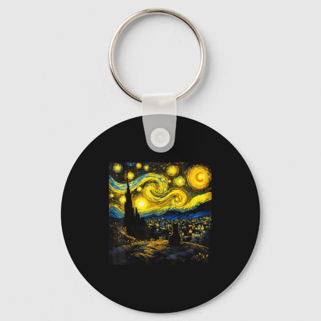 Black Cat Funny Cat Lover Mom Daddy Starry Night V Key Ring (Front)