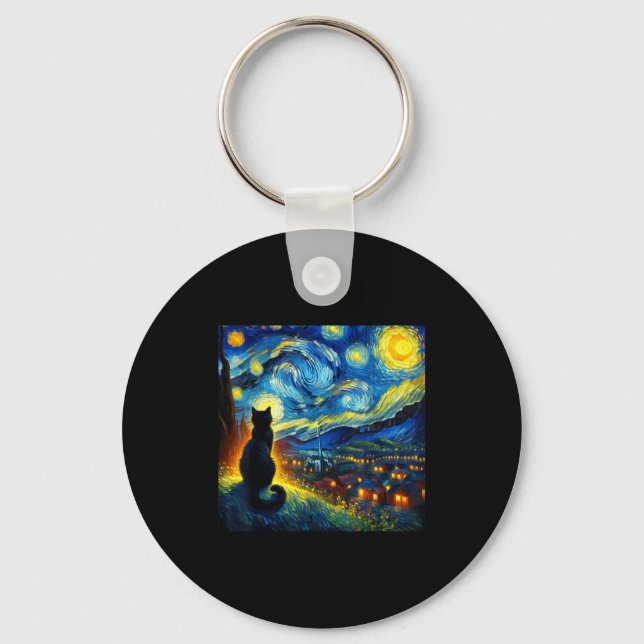 Black Cat Funny Cat Lover Mom Daddy Starry Night V Key Ring (Front)