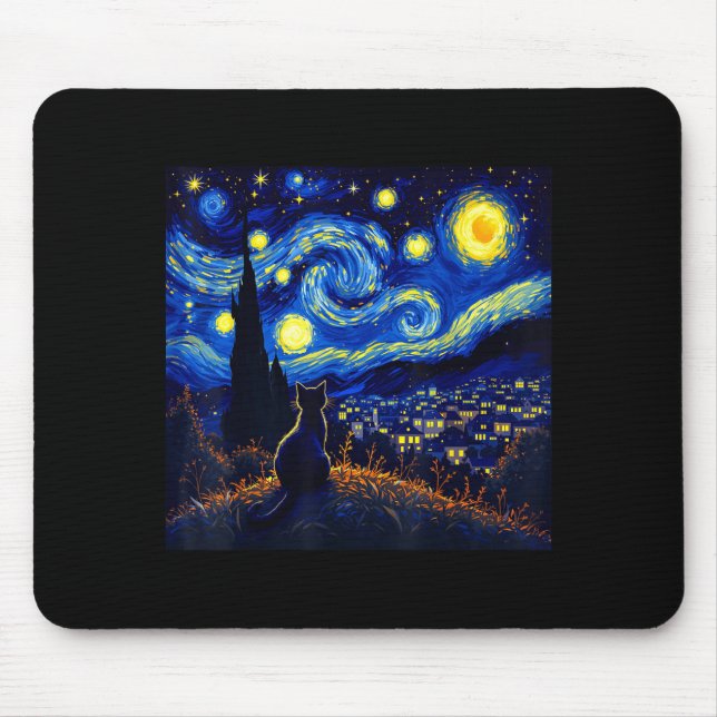 Black Cat Funny Cat Lover Mom Daddy Starry Night V Mouse Pad (Front)