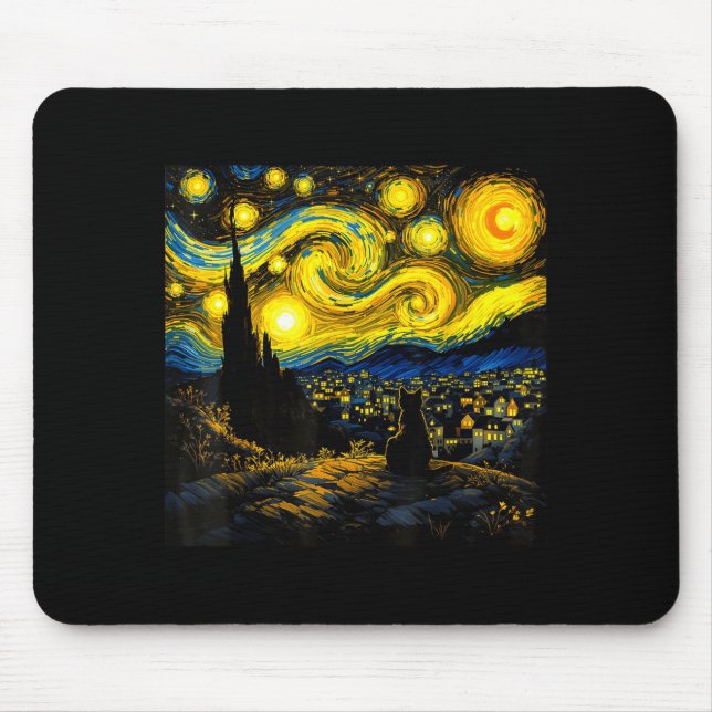 Black Cat Funny Cat Lover Mom Daddy Starry Night V Mouse Pad (Front)