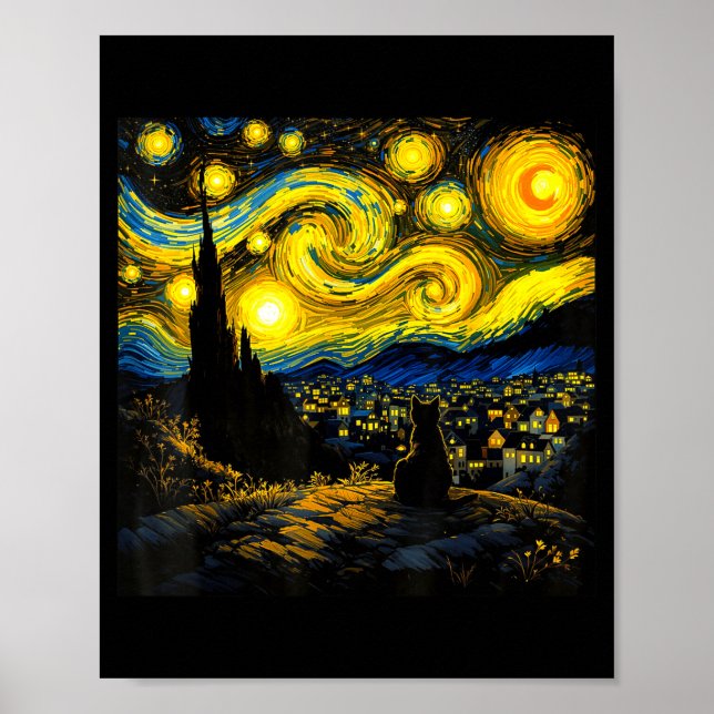 Black Cat Funny Cat Lover Mom Daddy Starry Night V Poster (Front)