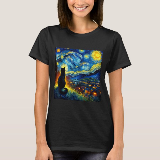 Black Cat Funny Cat Lover Mom Daddy Starry Night V T-Shirt (Front)