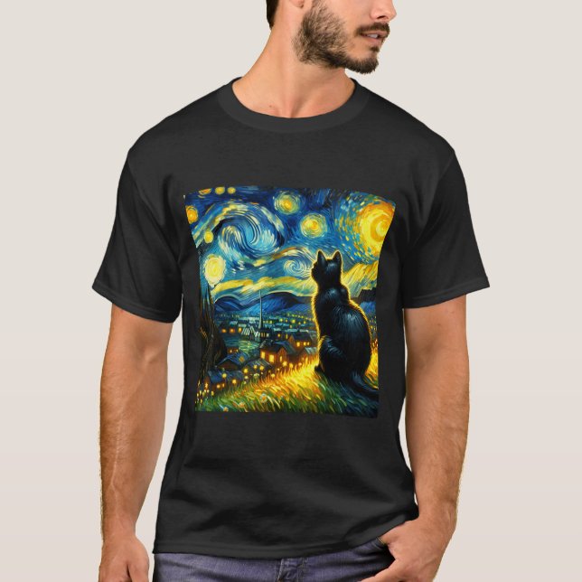 Black Cat Funny Cat Lover Mom Daddy Starry Night V T-Shirt (Front)